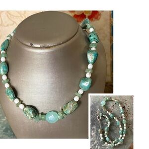 Turquoise Chunk and Sea Glass Beaded Sterling Silver Handmade Necklace